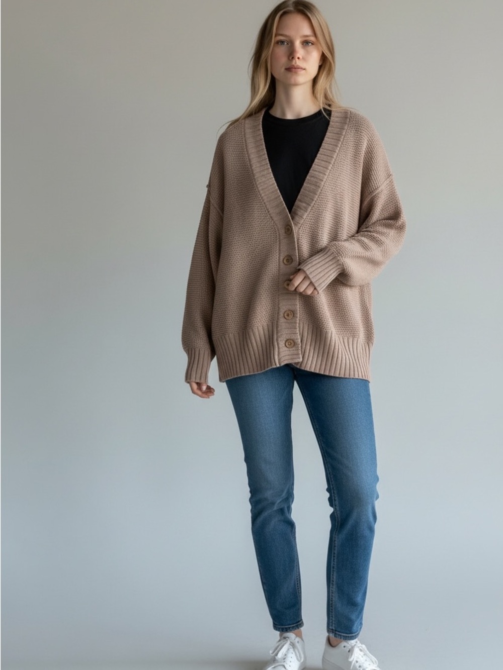 Free People Beach Oversized Taupe Button-Front Cardigan Sweater 100% Cotton